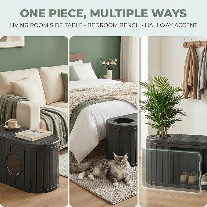Large Cat Litter Box Enclosure with Hidden Cat Bed, 2-in-1 Resin Cat House Furniture with Flip-Top Lid & Dual-Way Swing Door, Multi-Functional Side Table Bench for Living Room, Easy-Clean Odor Control