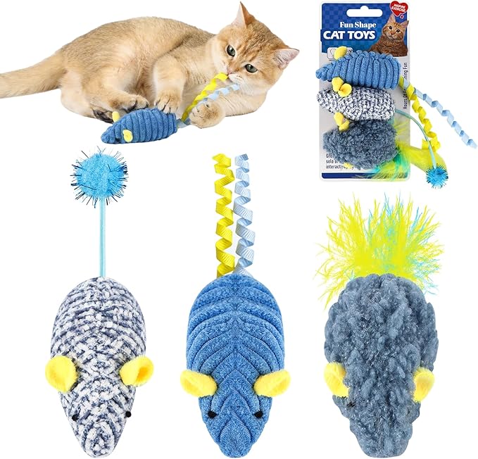 Cat Mouse Toys (3 Pack) with Catnip - Small Interactive Cat Toys for Indoor Play, Perfect for Single or Multi-Cat Households (Blue)