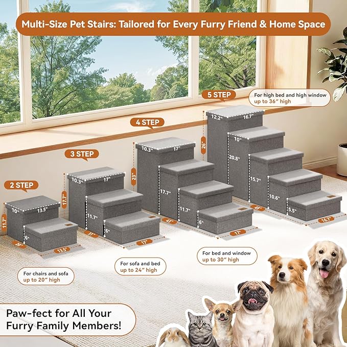 Zerbuger Wider Dog Ramp for High Bed with Storage 18" H, Foldable Dog Stairs for Small Medium Large Older Senior Animal, Sturdy Dog Step for Climbing Bed or Couch, Arthritis-Friendly (Gray, No Condo)