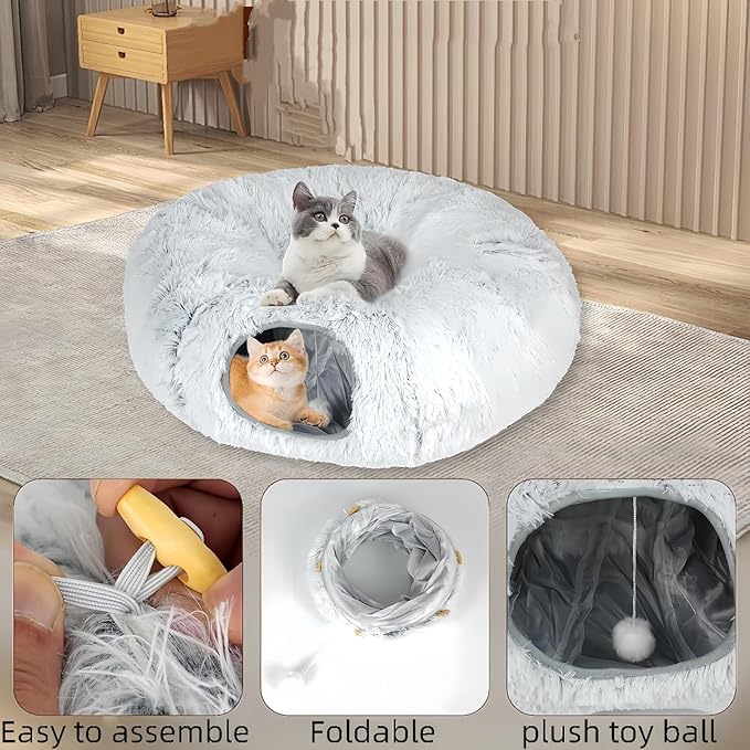 Cat Bed, cat Tunnel, Foldable Machine Washable Plush cat Bed, Grey (33.46 inches), with Hanging Toys, Suitable for Multiple