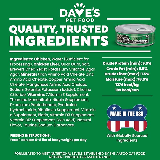 Dave's Pet Food Grain Free Wet Cat Food (95% Chicken & Chicken Liver Pate), Made in Canada Naturally Healthy Canned Cat Food, Added Vitamins & Minerals, Wheat & Gluten-Free, 5.5 oz (24 Pack)