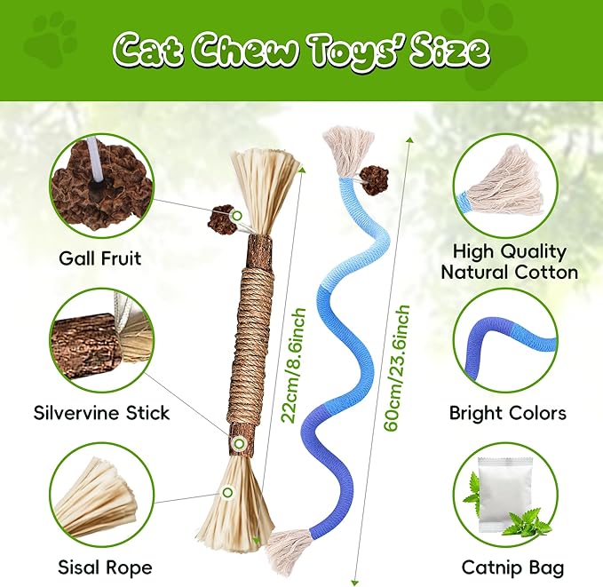 GBSYU Silvervine Sticks for Cats & Cat Chew Rope Toy with Refillable Natural Catnip Bag for Teeth Cleaning, Interactive Cat Catnip Toys for Indoor Cats, Kitten Teething Toys for All Breeds (4Pcs)