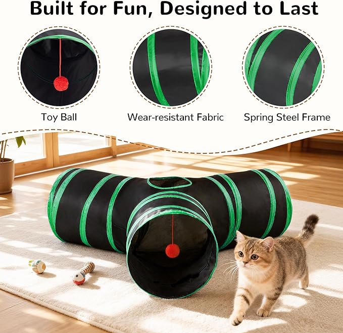 Tempcore Cat Tunnel for Indoor Cats, 3-Way Collapsible Play Tunnel with Teaser Wand, Peek Holes & Toy Ball, Small Pet Toy for Kittens & Rabbits, Black & Green