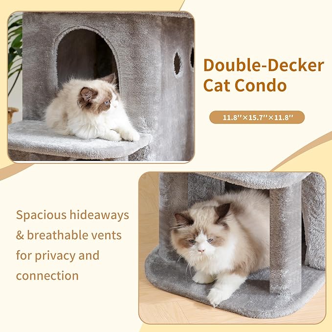 Heybly Cat Tree, 26.3-inch Cat Tower with Spacious Top Perch for Large Cats, Stair-Style Cat House Furniture with Dual-Layer Condos, Sisal Scratching Posts, Cozy Basket & Pompom, Light Gray HCT204SW
