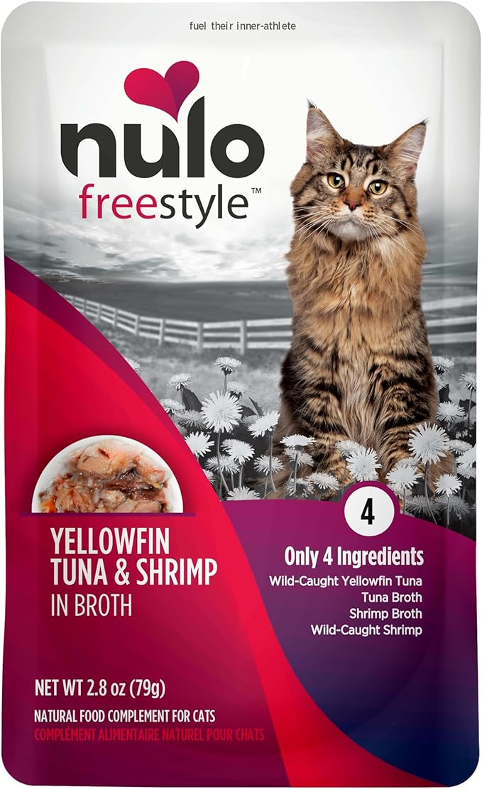 Nulo Freestyle Cat & Kitten Wet Cat Food - Yellowfin Tuna & Shrimp in Broth, Grain-Free, High Protein Soft Food Topper Treat, 2.8oz Pouches (Pack of 24)