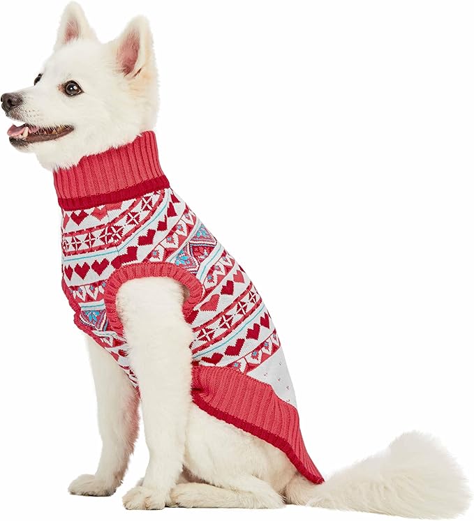 Blueberry Pet Fair Isle Style Chic Coral Pullover Dog Sweater with Heart, Back Length 20", Pack of 1 Clothes for Dogs