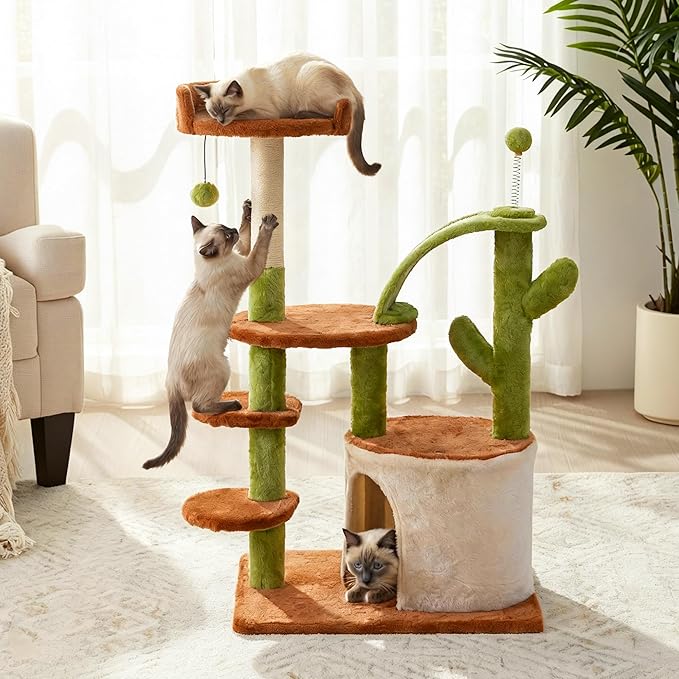 Cactus Cat Tree for Indoor Cats, 36.6" Small Cat Tower with Sisal Scratching Posts, Stable Cat Condo with Perches and Climbing Steps, Brown