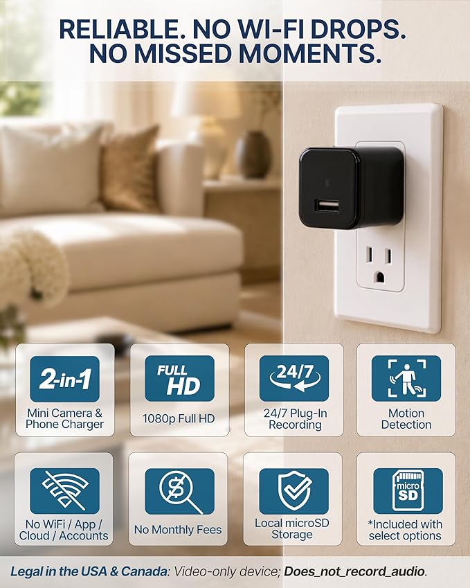 Premium Plug-in Dome Cam, 1080p Full HD Always-On, Motion Detection, No WiFi Needed, Easy Setup, Indoor Cam for Home & Pet Nanny Use