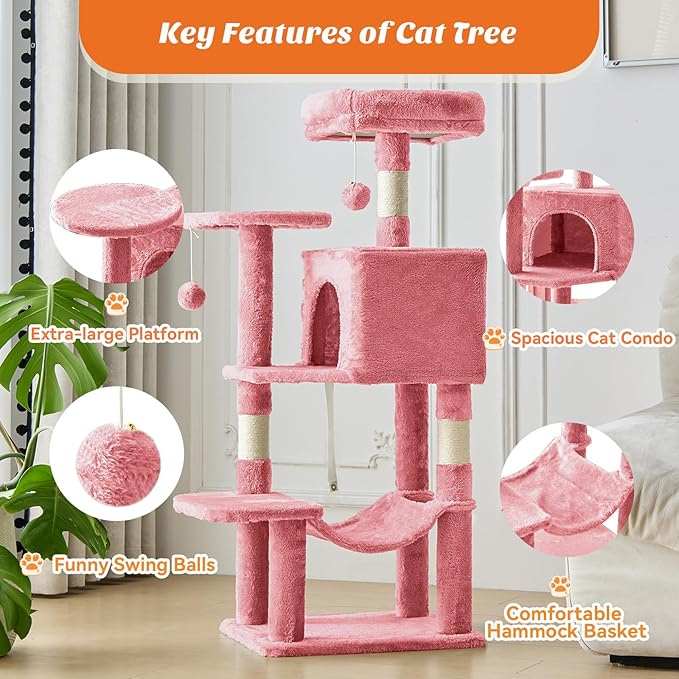 Cat Tree Tower 44 Inch, Small Cat Tower with Condo, Hammock, Sisal Scratching Posts, Extended Perch, Pet Play House for Indoor Kittens and Cats, Pink