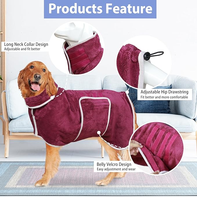 Dog Bathrobe Towel Drying Coat - Super Absorbent Bath Robe for Drying Dogs Large, Soft Adjustable Collar & Belly Strap Fast Drying Coat Pet Dog Cat Bath Robe Towel (Blue, XX-Large)