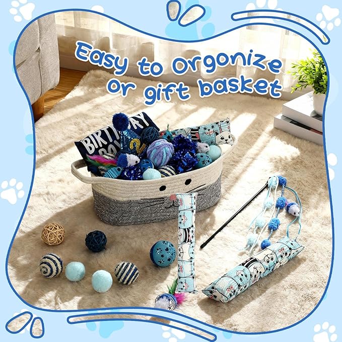 Zopeal Graduation Cat Toy Set Interactive Cat Toys Pack Including Feather Teaser Wand Plush Gift Outfit Mice Crinkle Balls and Pet Bell Balls, Puzzle for Indoor Cats Gift Basket for Kitten(Blue)