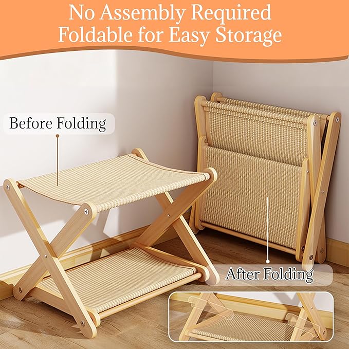 Cat Bed, Foldable Double Layer Cat Hammock X-Shape Solid Wood Cat Perch with Sisal Scratching Pad, 52x35x30cm No Assembly Cat Condo for Indoor
