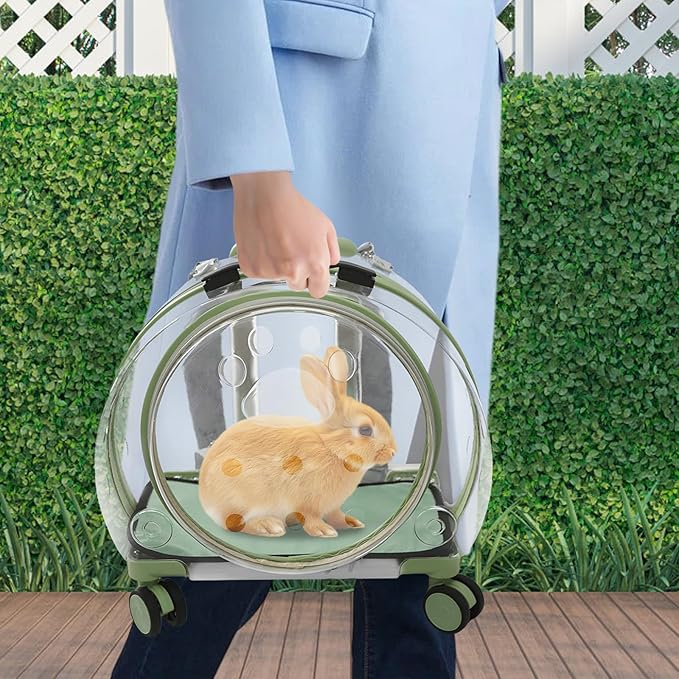 Cat Backpack Carrier, 17.7in Transparent & Fully Breathable Dog/Cat Carrier with Rolling Wheels + Telescopic Handle, Applicable Cat Weight 20 Lbs for Traveling, Taking A Walk. (Green)