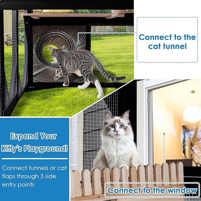 FunXplore Large Catio Outdoor Cat Enclosure Window 73" H Walk-in Cat House Kitty Cage for Multiple Indoor Outdoor Cats Outside Patio with 5 Access Doors Waterproof Roof