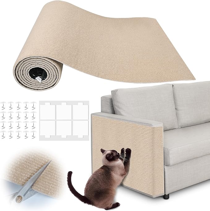 Cat Scratch Furniture Protector - 138" x 15.8" Trimmable Self-Adhesive Cats Claws Scratch Pads, DIY Cat Climbing Couch Protector for Scratch Post Cat Tree Replacement Indoor (Khaki)