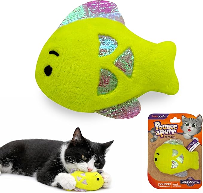 Pounce & Purr® Plush Cat Toys, Catnip & Silvervine Infused, Shiny Iridescent Accents, Interactive Play Toys for Cats & Kittens (Fish)