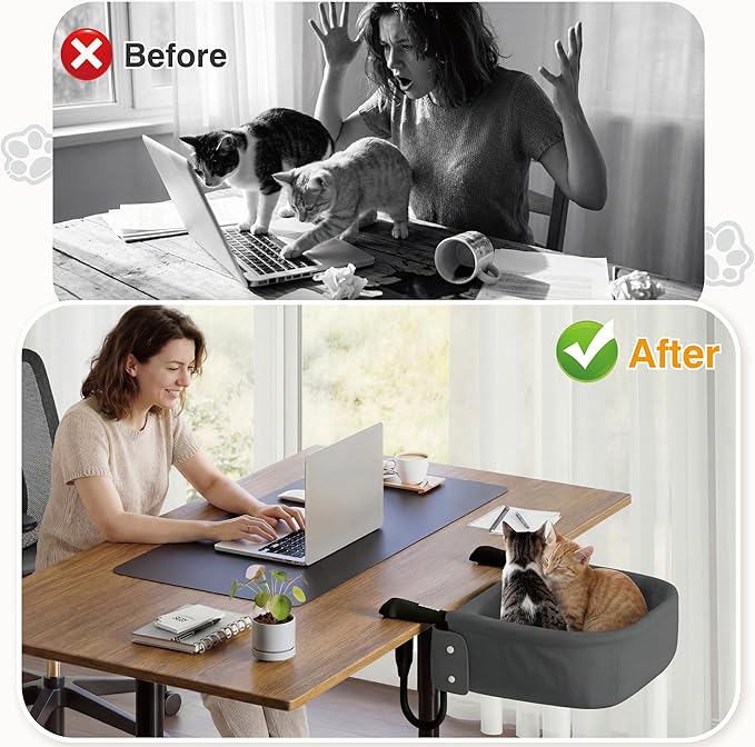 Cat Desk Bed with Cooling Mat for Summer Heavy Duty Cat Bed for Desk Attachment for Large Cats 50 lbs Extra Sturdy Dog Chair Dual-Sided Mat Waterproof Easy Assembly for Gaming Desk Kitchen Island Gray