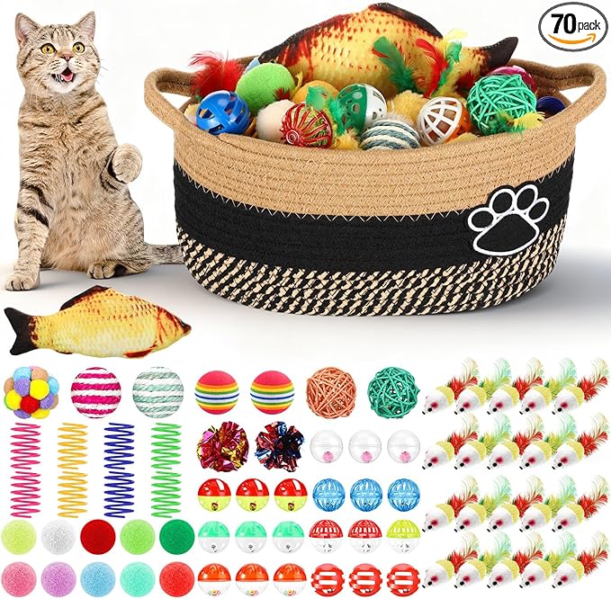 Sosation 70 Pcs Cat Easter Storage Basket Gift Toys Set Colorful Indoor Kitten Toy Assortment Including Mice, Rainbow Balls, Crinkle Balls, Springs Instinct Basket for Cats Interactive Play(Cute)