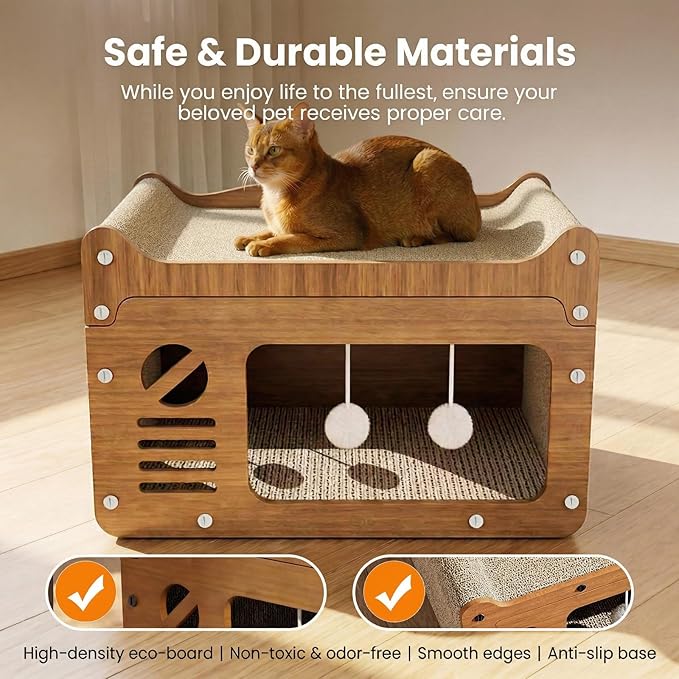 2-in-1 Cat Scratcher House, Retro TV Shaped Cat Condo with Sofa Top, Durable Cardboard Cat Scratching Board for Indoor Cats, Light Oak Style, 22x12x12in