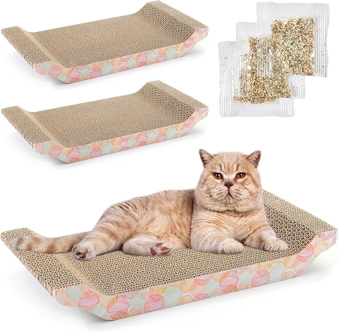 Zodaca Cat Scratcher Bed - Reversible Cardboard Cat Scratch Pad - Catnip Bed for Indoor Felines - Kitten Scratcher Lounger for Stretch & Relax - Pack of 3, 16.75 x 8 x 2.4 in