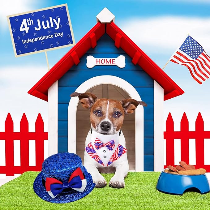 Dog Independence Day Costume 2Pcs Tux Bandana Shiny Pet Top Hat American Flag Dog Tuxedo Triangle Bibs 4th July Scarf Patriotic Holidays Outfit Dog Collar with Bow tie for Small Medium Large (Small)