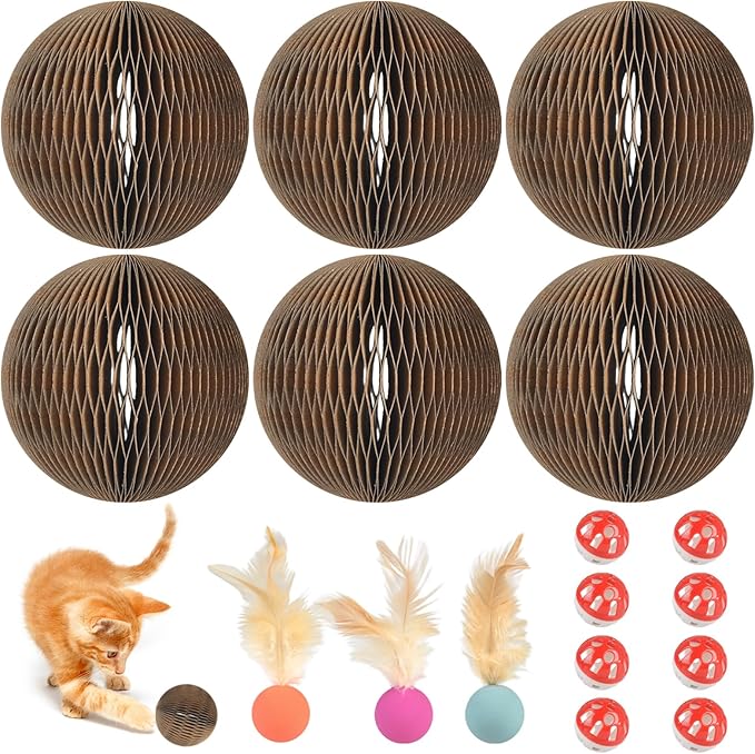 6 PCS Cardboard Cat Ball Toy with Bell & 3 PCS Cat Feather Ball Toy, Tear-resistant Interactive Cat Toy Set for Indoor Outdoor Playing Chewing Training Chasing and Exercise for Cats Stress Relief