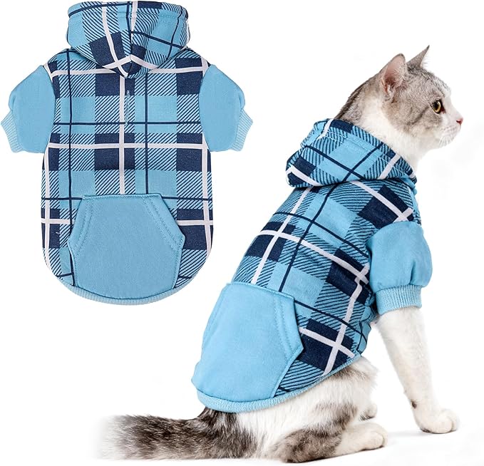 EXPAWLORER Plaid Cat Hoodie - British Style Warm Cat Sweater Shirt with Leash Hole,Pet Clothes Outfits,Winter Coat Apparel for Puppy Cats Girl Boy-Kitten Apparel,Blue L
