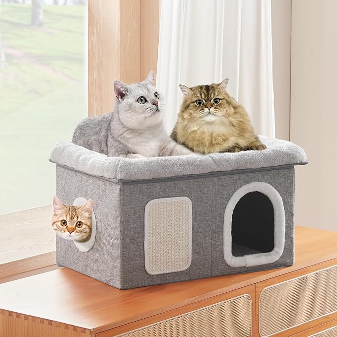 WINDRACING Cat House for Indoor Cats - 24.4" W Extra Wide Cat Bed Cave for Double Small Cats and Foldable with Scratch Pad, Cat Hideaway Condo for Kitten, 24.4x16.9x14.2 Inches, Light Grey