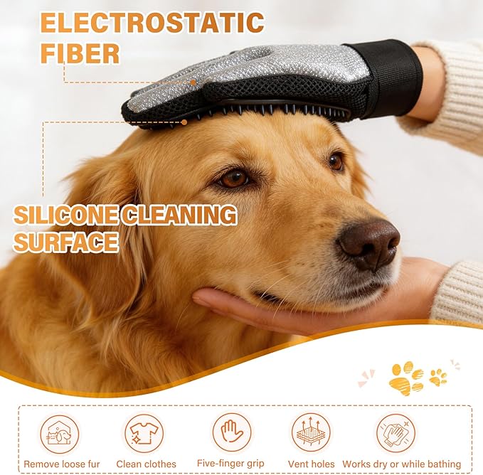 2-in-1 Upgrated Dual Sided Pet Hair Removal Glove, Gentle Deshedding Brushes for Dogs & Cats with Long and Short Fur, Reusable Electrostatic Pet Hair Remover Gloves for Sofa Clothing Cat Beds - 1 Pair