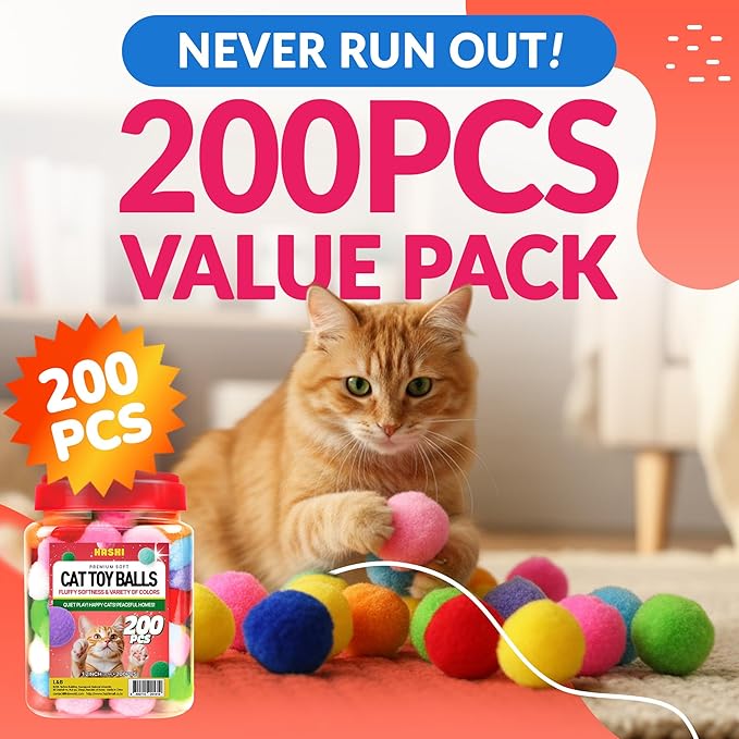 HA SHI [200pcs in Sturdy Jar] 1.2 Inch Soft Plush Cat Toy Balls - Perfect Size Interactive Fetch Toys for Indoor Cats, Quiet Night Play, Assorted Colorful Fuzzy Poms for Kittens