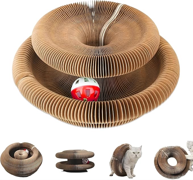 Kitty Cat Scratcher with Bell Ball & Catnip - Magic Organ Cat Scratch Board - Shape Shifting Accordion Cardboard Scratch Board Toy for Indoor Cats (Cat Scratcher Board)