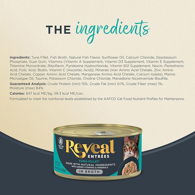 Reveal Entrées Natural Wet Cat Food, Grain-Free with Added Vitamins & Minerals, Carrageenan-Free and High Protein, Tuna Fillet in Broth (24 x 2.47 oz Cans)