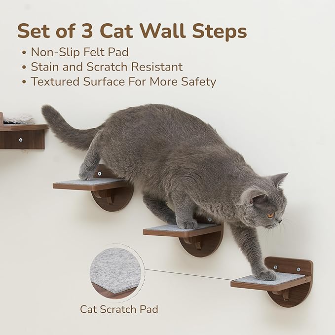 32LBS Capacity Cat Wall Steps for Indoor Cats Climbing, Set of 3 Cat Wall Climber System with Anti-Slip Scratching Pads, Wall-Mounted Steps for Various Shelves & Perches, Brown Wood