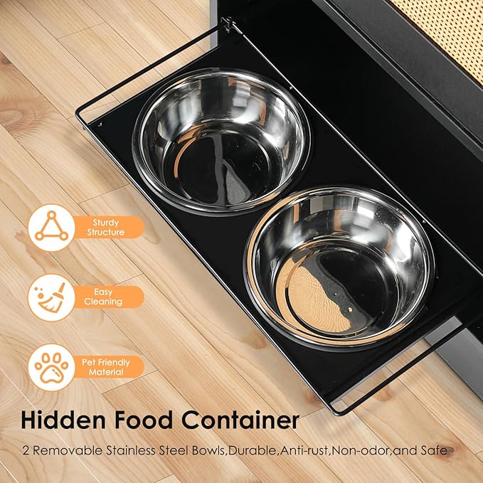 Feeding Station with 1 Storage Cabinets, Pet Feeding Station with 2 Elevated Dog Bowls, Side Hooks, tip-Resistant Kit, Hidden Pet Feeder Station for Feeding & Watering, Black