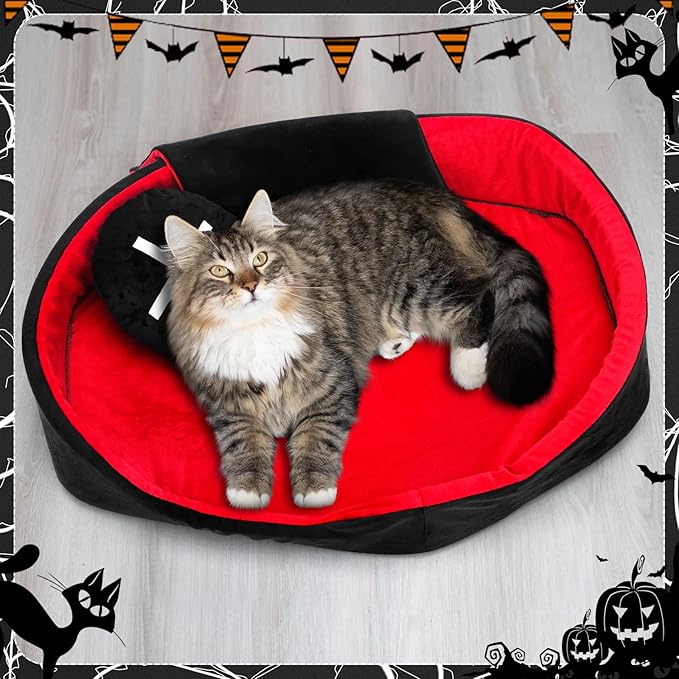 3 Pcs Gothic Cat Bed Set with 19 Inch Washable Coffin Cat Bed Black Tombstone Pillow Red and Black Blanket Gothic Pet Furniture Activity Center for Halloween