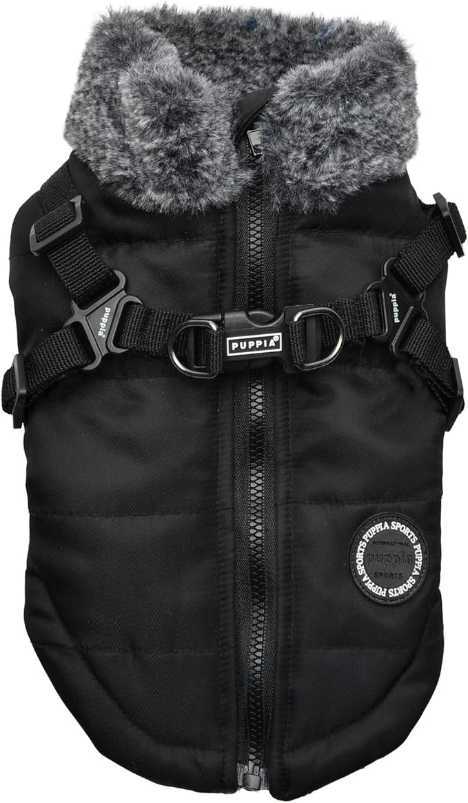 Puppia Donavan Winter Dog Coat with Integrated Harness No Pull Cold Weather Waterproof Warm Fleece Back Zipper for Small & Medium Dog, Black, Small