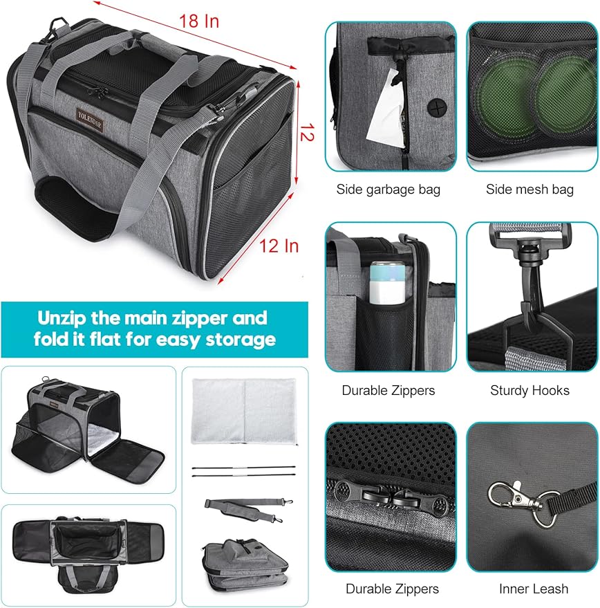 Pet Carriers Soft-Sided Carrier,Ventilation,4 Zipper Opening Grows Extra Room,Padded Mat Bottom,for Cat,Puppy, Grey