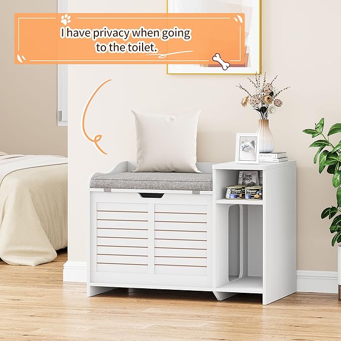 TROPOW Cat Litter Box Enclosure Furniture with Top Opening and Cushion, Hidden Litter Box Cabinet with Storage, Privacy Cat Box Enclosure, White