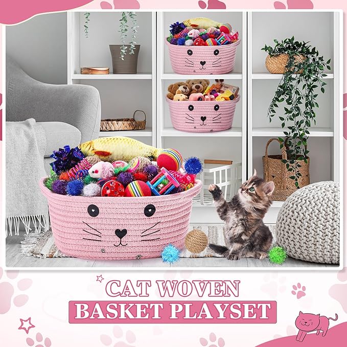 Zopeal 58 Pcs Summer Graduation Cat Storage Basket Gift Toys Set, Colorful Flashing Balls Pet Bell Crinkle Balls Spring Toys Attract Cat to Swat, Hunt, Interactive for Pet(Pink,9.8 Inch)