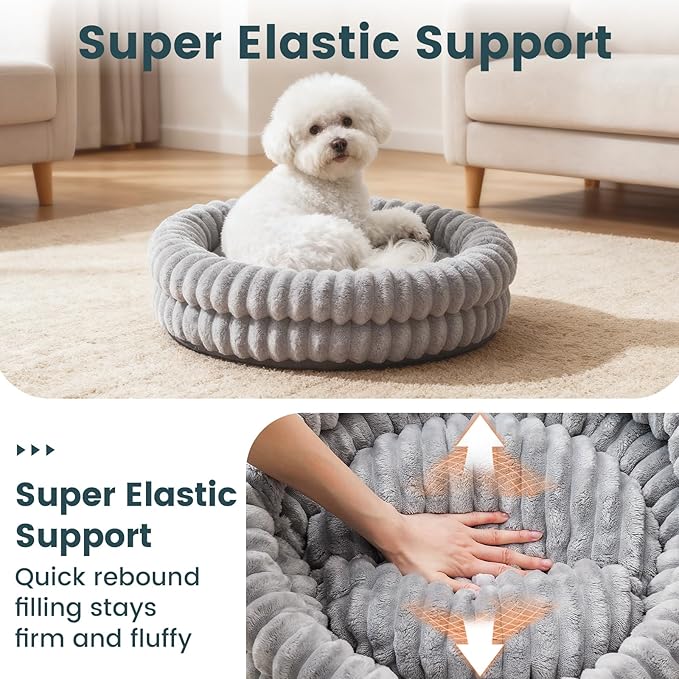 Cat Beds for Indoor Cats, Machine Washable Orthopedic Donut Dog Bed for Small Dogs, Fluffy Round Pet Bed with Anti-Slip Bottom for Puppy and Kitten, Gray, 20"x20"x6.5"