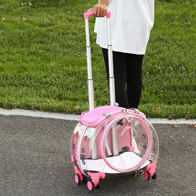 Rolling Cat Carrier,Clear Cat Carrier with Wheels,Pet Trolley Case Pet Backpack for Kitty Small Dog Sturdy and Breathable Design Portable Cats Dogs Backpack for Travel/Taking a Walk Pink