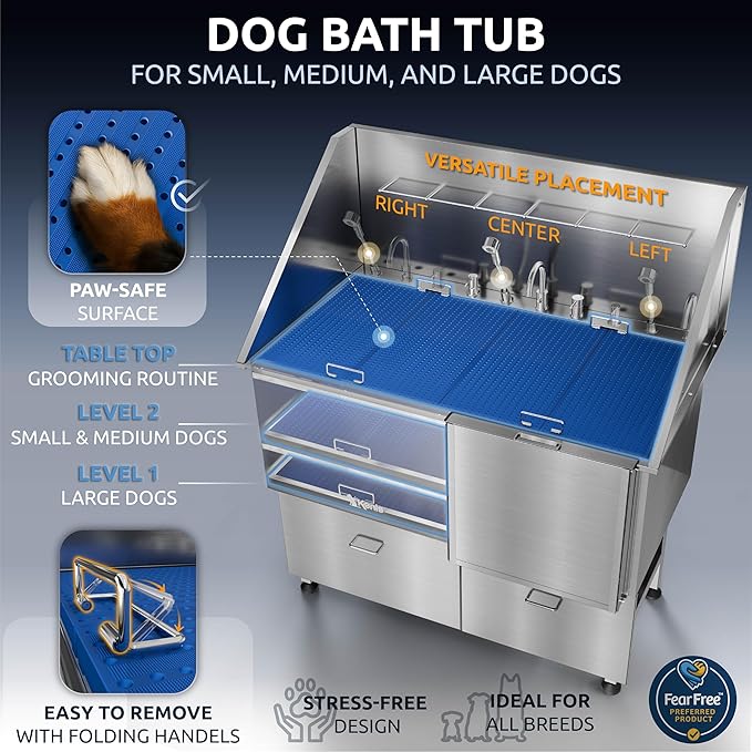 KANIS Professional Dog Washing Station 304 Stainless Steel Pet Wash Sink & Grooming Bathtub w/Shower, Floor Grates and Storage for Large, Medium & Small Pets (Silver, 50 Inches, Right Ramp, 2 Drawers)