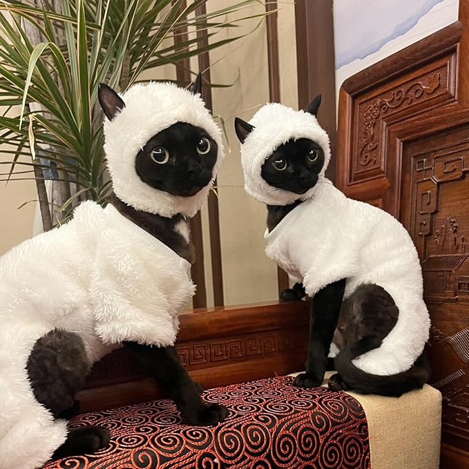 Warm Fleece Lined Winter Clothing for Sphynx & Devon Rex Cats | Soft Faux Lamb Wool | Cozy and Comfortable | Sheep Costume | XL 3.5-4.5 kg