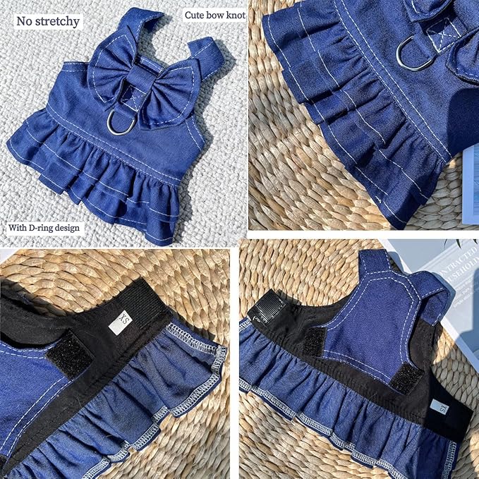 Denim Pet Dress & Vest Harness for Dog Cat, Male Female Universal with D-Ring, Bow Decor Ruffled Skirt Breathable Clothes for Small to Large Pets (X-Small, Skirt-Blue Denim)