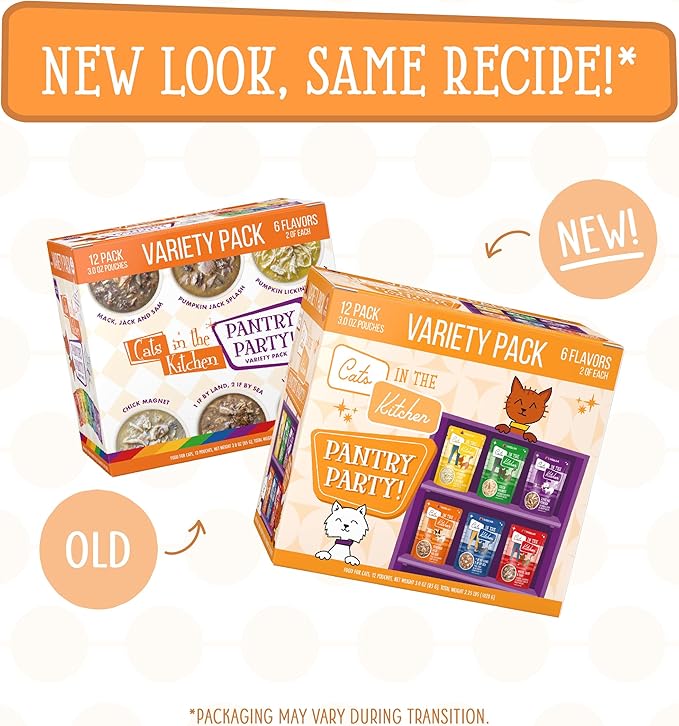 Weruva Cats in the Kitchen, Pantry Party Pouch Variety Pack in Gravy Cat Food, 3oz Pouch (Pack of 12)