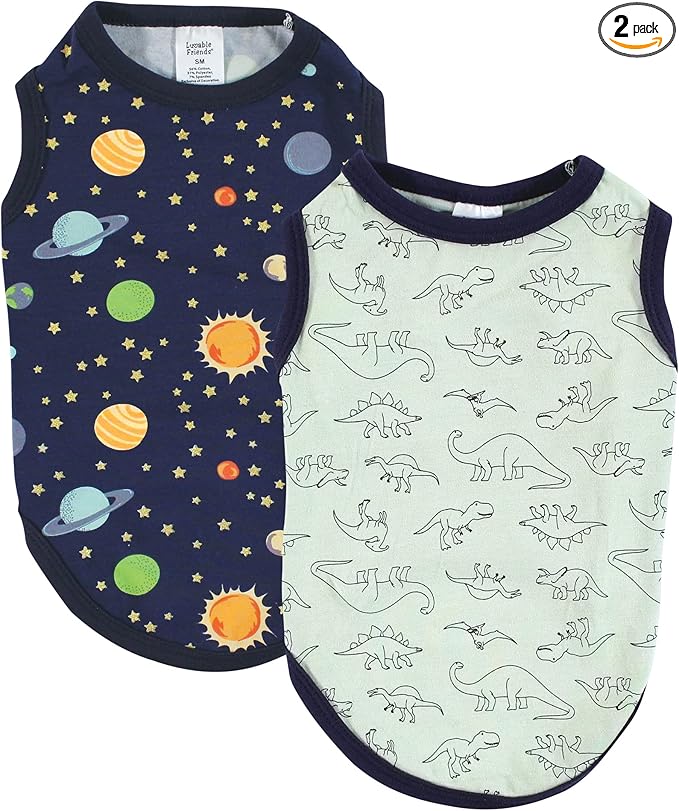 Luvable Friends Dog Pet Dog and Cats Cotton T-Shirts 2pk, Dino Space, X-Small