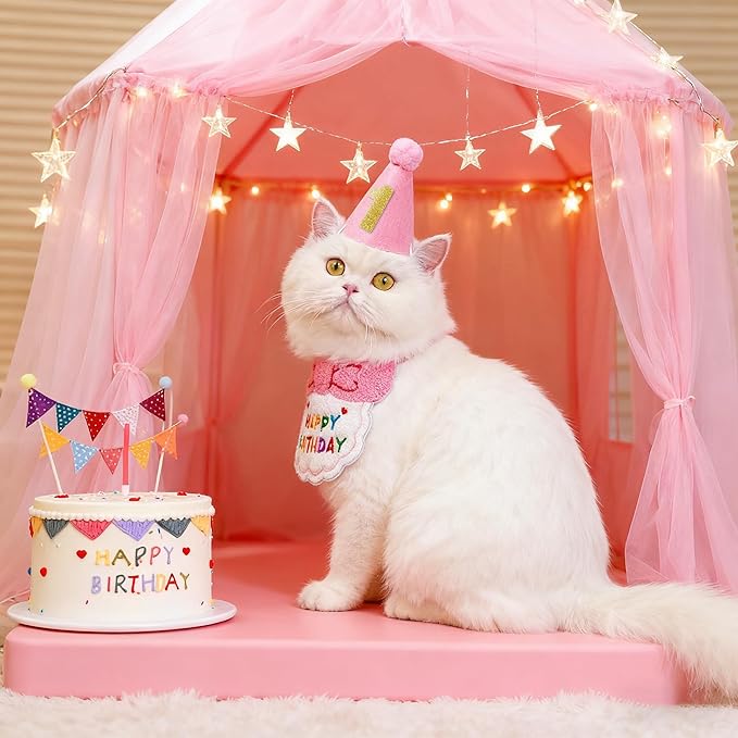 Reusable Cat Birthday Decorations Set - Adjustable Cat Birthday Hat & Bandana with Age Numbers | Kitty Celebration Kit for Memorable Milestones（Pink）
