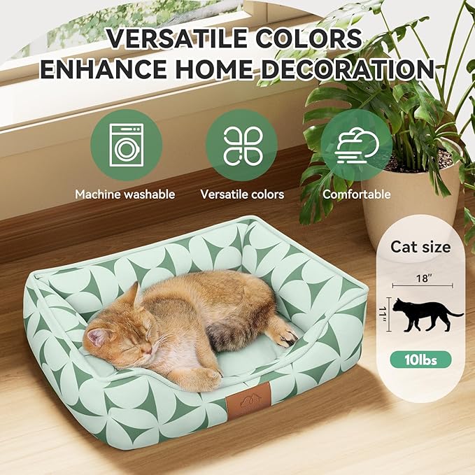 Zerbuger Rectangle Cat Dog Bed for Large Medium Small Pets Indoor Outdoor Machine Washable Sleeping Sofa Non-Slip Bottom Soft Puppy Bed Durable Orthopedic Calming Pet Cuddler (Small, Green Pattern)