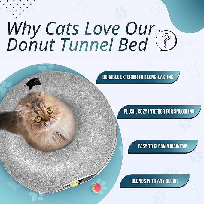 MeowMates Peekaboo Cat Cave Donut Bed for Multiple Cats Upto 45lbs, 3-in-1 Large Cat Tunnel & Donut Bed Combo w Round Tunnel Scratcher for Indoor Cats, Hanging Toy, Washable & Detachable - Grey