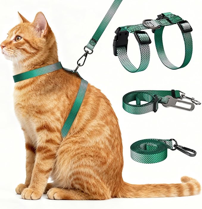 Cat Harness and Leash Set, 3-in-1 Escape Proof Adjustable, Comfortable Soft Lightweight, Safe, Easy to Wear, Walking Travel Kitten Harness for Small Medium Cats (Light Green)